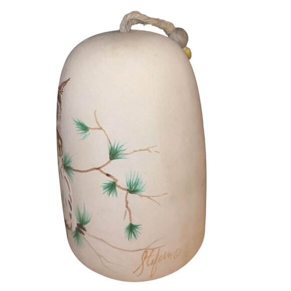 Hand Painted Ceramic Bell Owl Pine Tree Moon Rustic Home Decor Signed Stefano - Picture 3 of 8